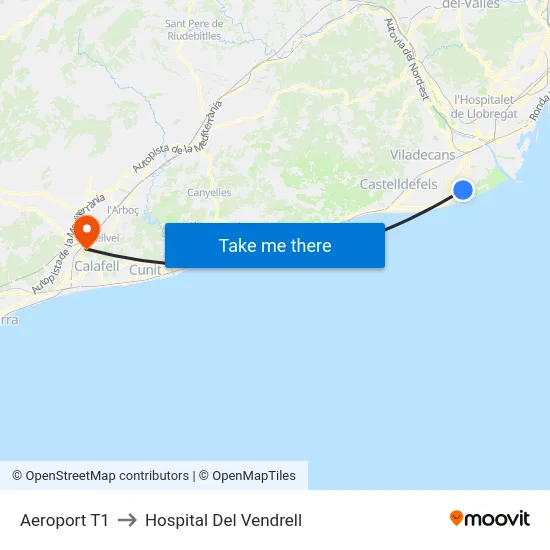 Aeroport T1 to Hospital Del Vendrell map