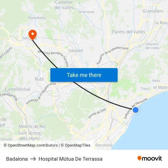 Badalona to Hospital Mútua De Terrassa map