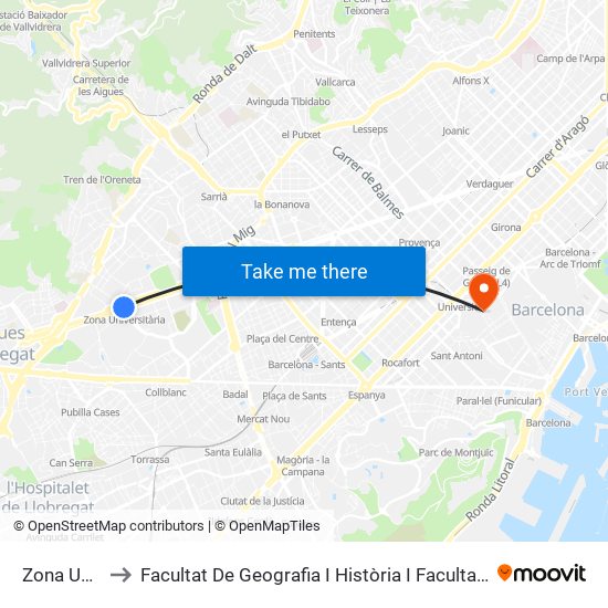 Zona Universitària to Facultat De Geografia I Història I Facultat De Filosofia. Universitat De Barcelona map