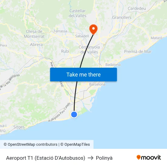 Aeroport T1 (Estació D'Autobusos) to Polinyà map