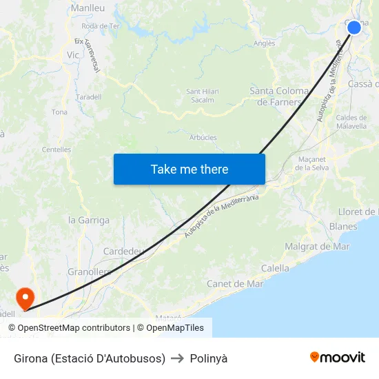 Girona (Estació D'Autobusos) to Polinyà map