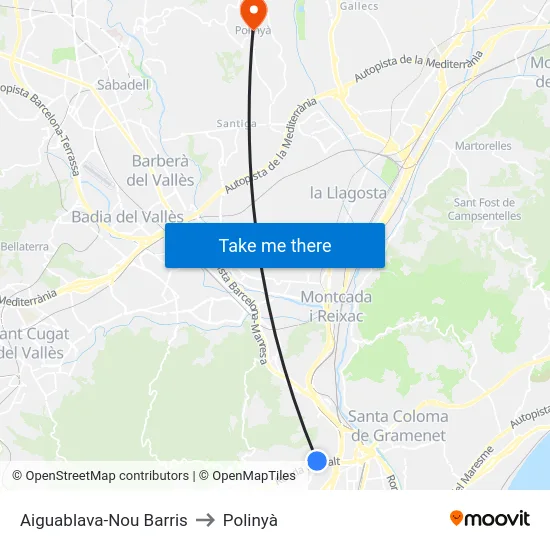 Aiguablava-Nou Barris to Polinyà map