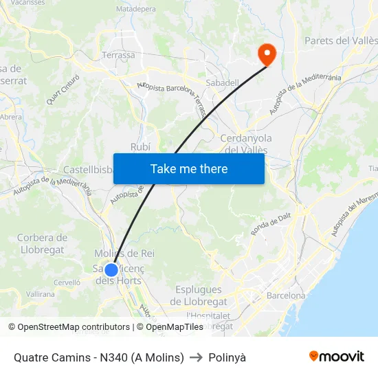 Quatre Camins - N340 (A Molins) to Polinyà map