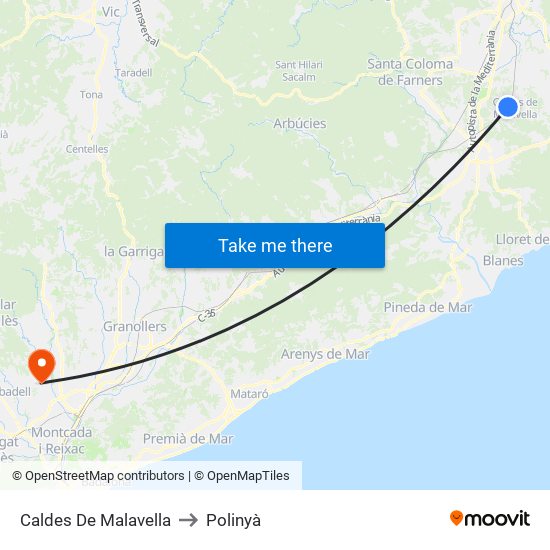 Caldes De Malavella to Polinyà map