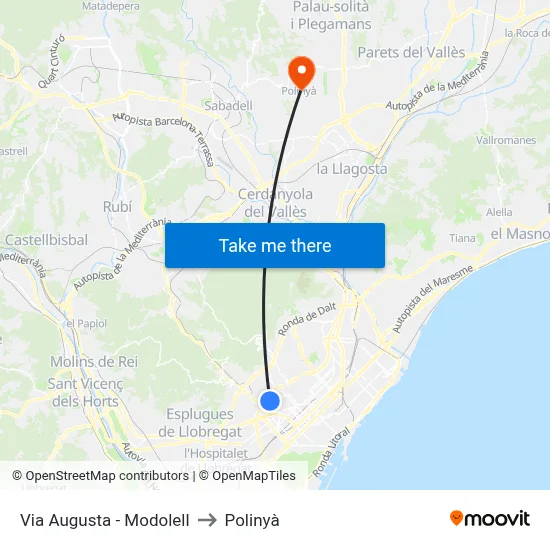 Via Augusta - Modolell to Polinyà map