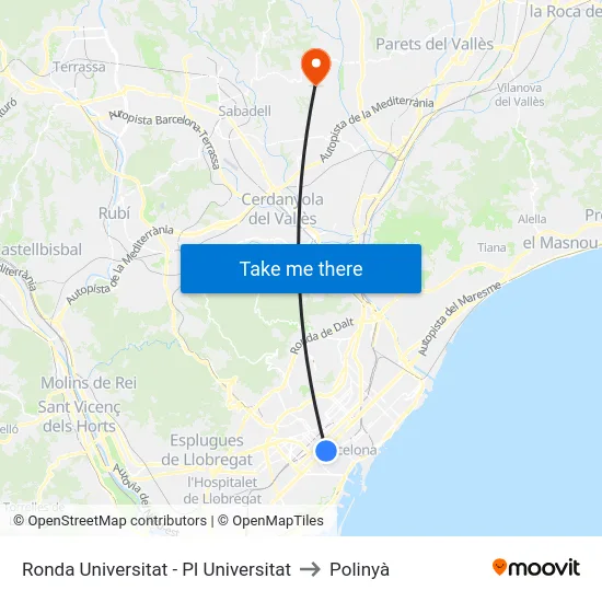 Ronda Universitat - Pl Universitat to Polinyà map