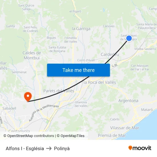 Alfons I - Església to Polinyà map