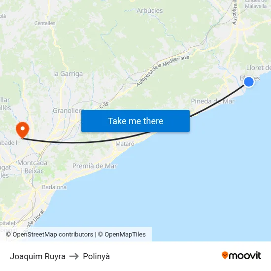 Joaquim Ruyra to Polinyà map