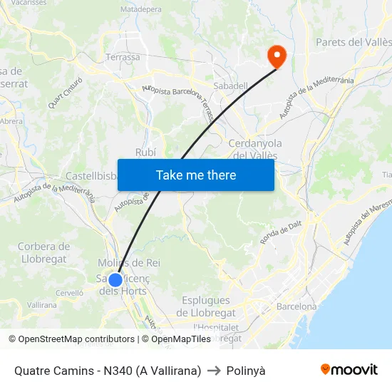 Quatre Camins - N340 (A Vallirana) to Polinyà map