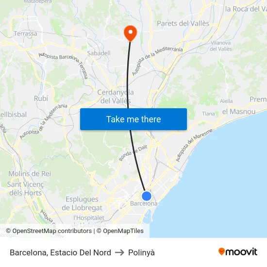 Barcelona, Estacio Del Nord to Polinyà map