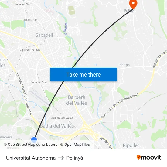Universitat Autònoma to Polinyà map