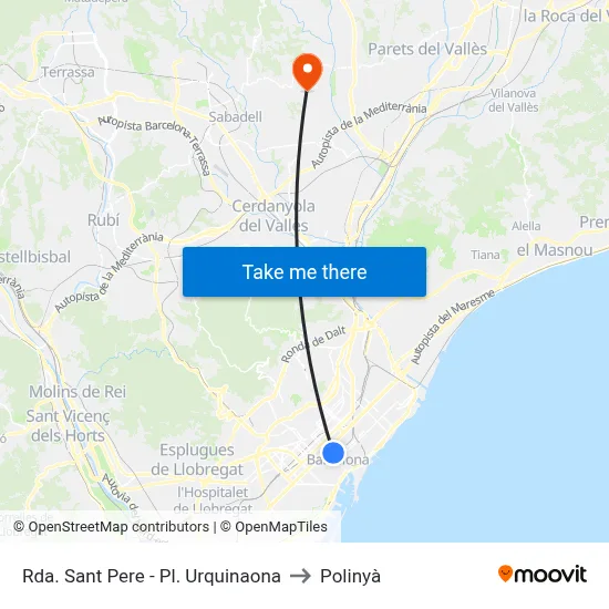 Rda. Sant Pere - Pl. Urquinaona to Polinyà map