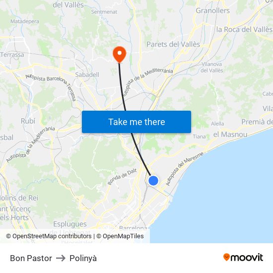 Bon Pastor to Polinyà map