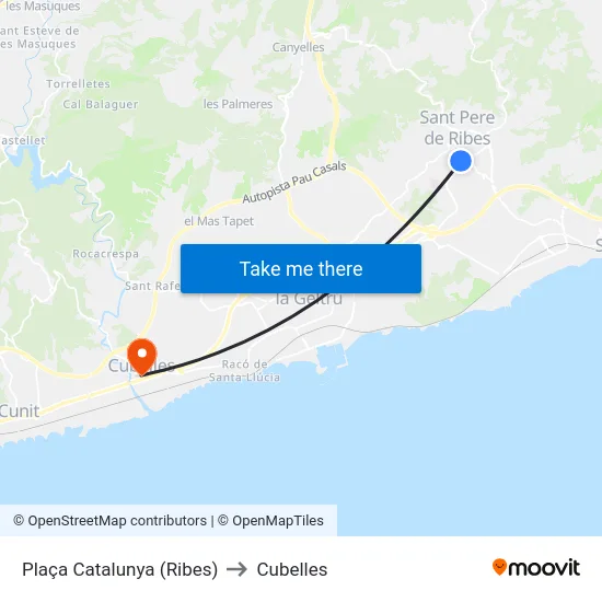 Plaça Catalunya (Ribes) to Cubelles map