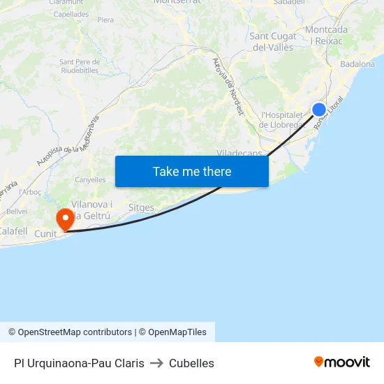 Pl Urquinaona-Pau Claris to Cubelles map