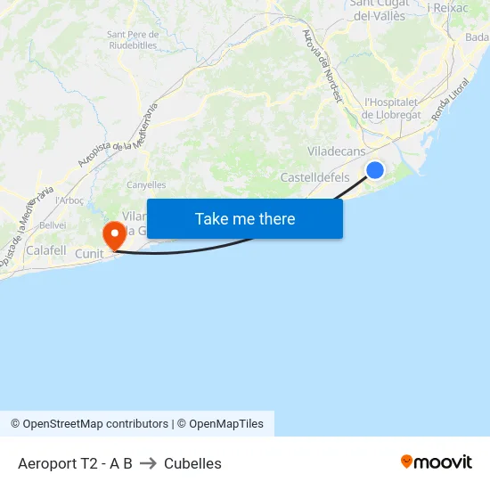 Aeroport T2 - A B to Cubelles map