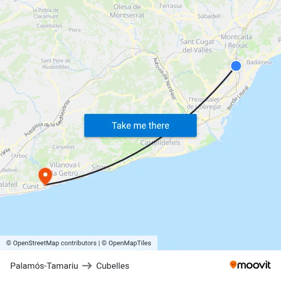 Palamós-Tamariu to Cubelles map