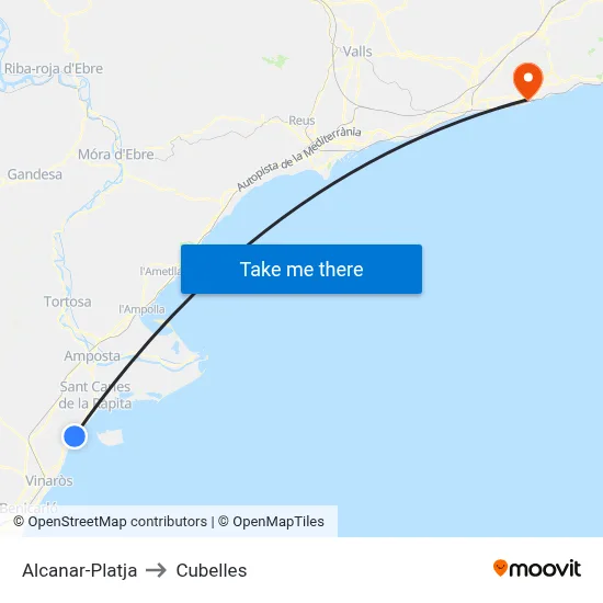 Alcanar-Platja to Cubelles map