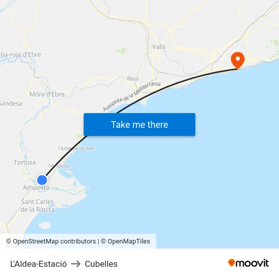 L'Aldea-Estació to Cubelles map