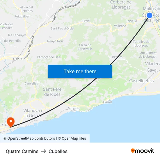 Quatre Camins to Cubelles map