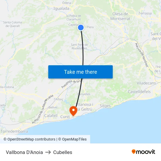 Vallbona D'Anoia to Cubelles map