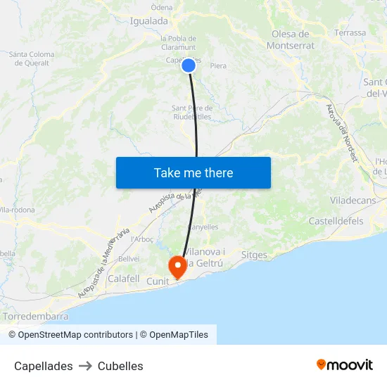 Capellades to Cubelles map