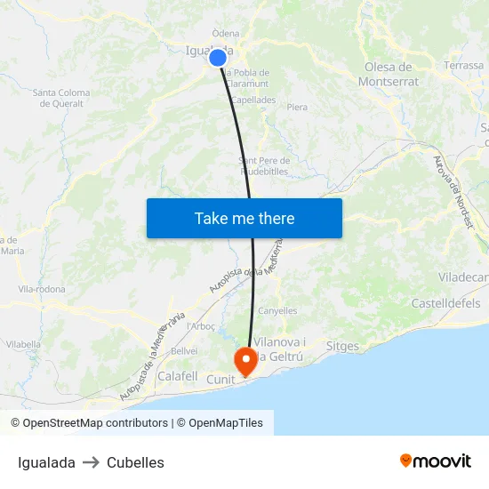 Igualada to Cubelles map