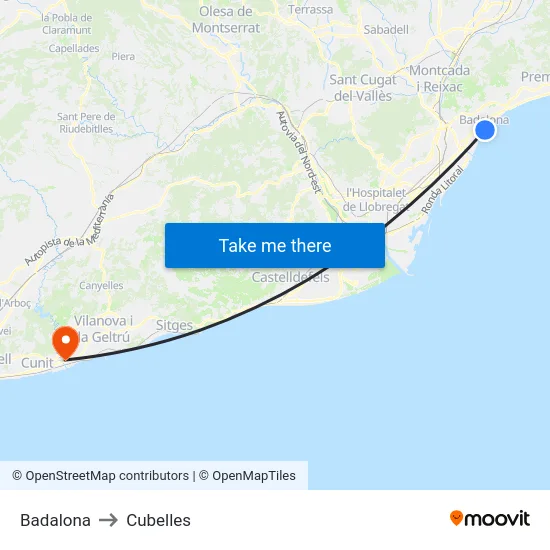 Badalona to Cubelles map