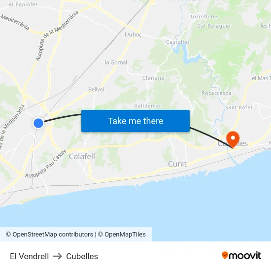 El Vendrell to Cubelles map