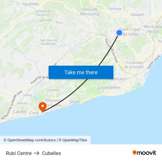 Rubí Centre to Cubelles map