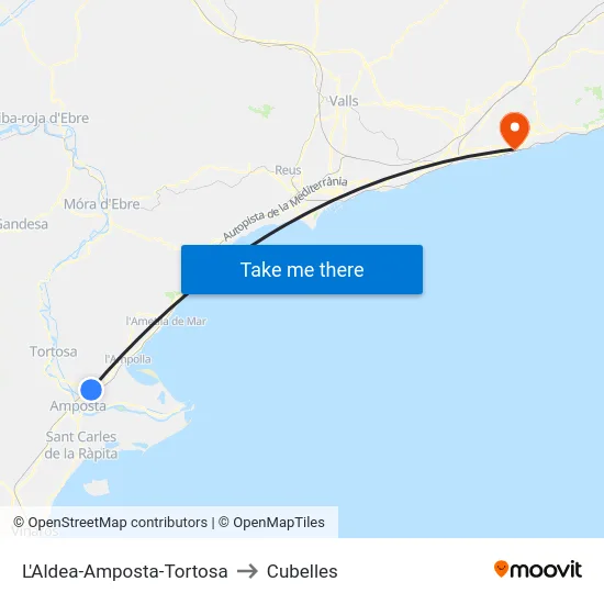 L'Aldea-Amposta-Tortosa to Cubelles map