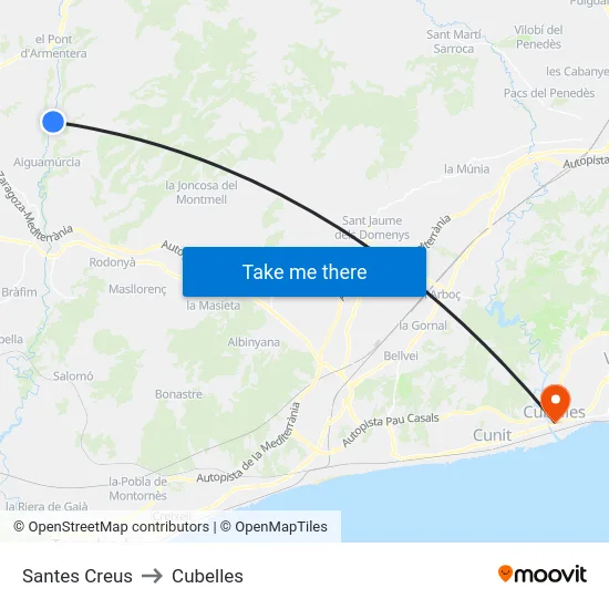 Santes Creus to Cubelles map
