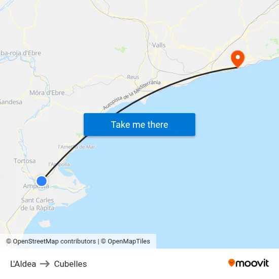 L'Aldea to Cubelles map