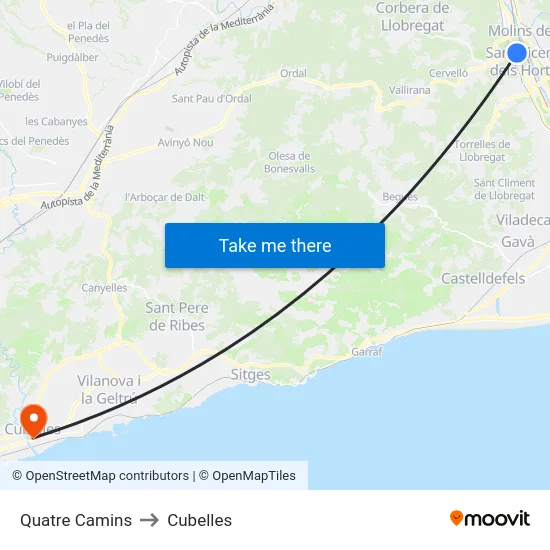 Quatre Camins to Cubelles map