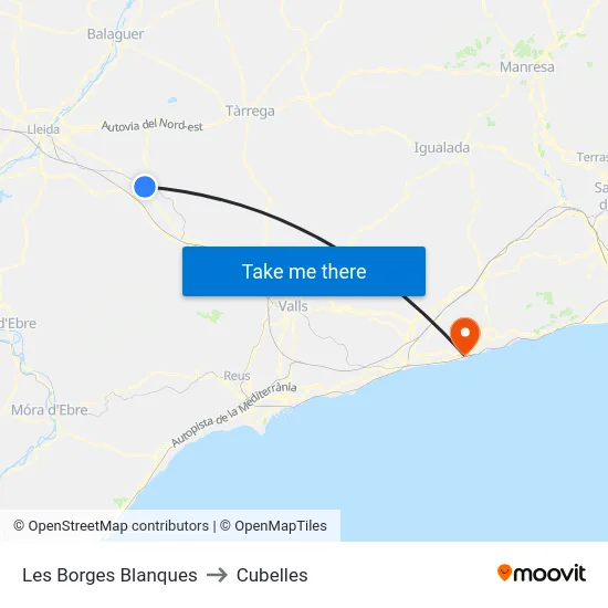 Les Borges Blanques to Cubelles map