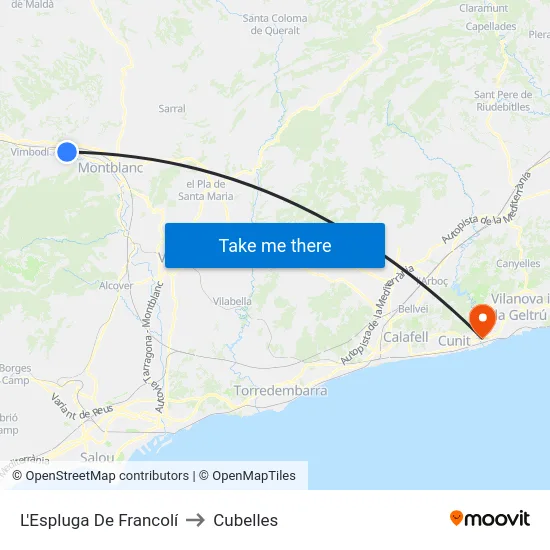 L'Espluga De Francolí to Cubelles map