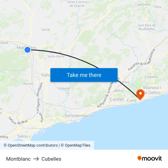 Montblanc to Cubelles map