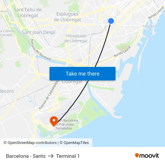 Barcelona - Sants to Terminal 1 map