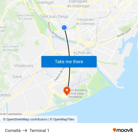 Cornellà to Terminal 1 map