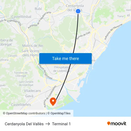 Cerdanyola Del Vallès to Terminal 1 map