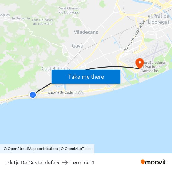 Platja De Castelldefels to Terminal 1 map