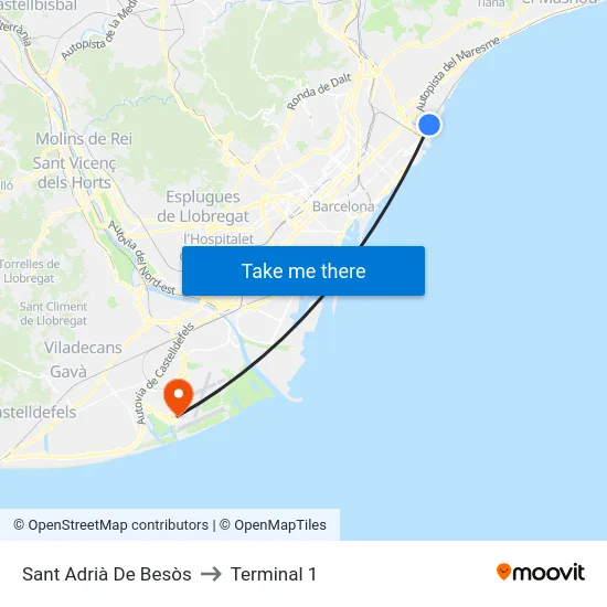 Sant Adrià De Besòs to Terminal 1 map