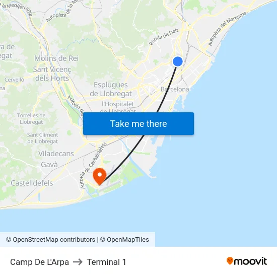 Camp De L'Arpa to Terminal 1 map