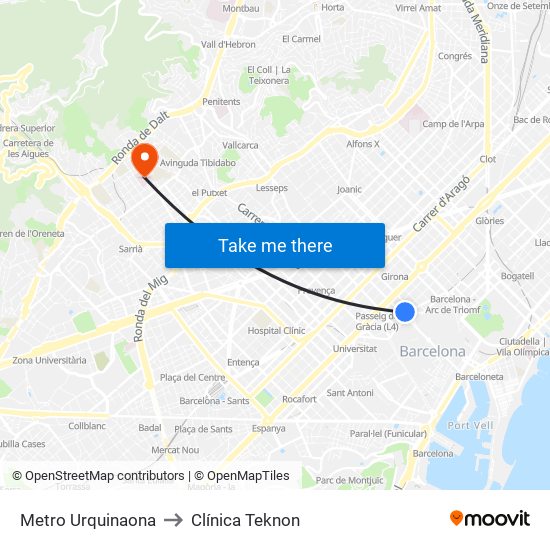 Metro Urquinaona to Clínica Teknon map