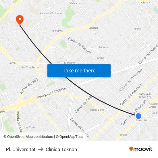 Pl. Universitat to Clínica Teknon map