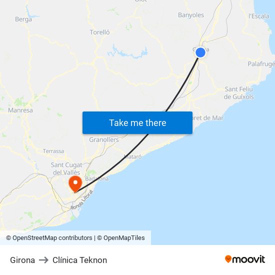 Girona to Clínica Teknon map