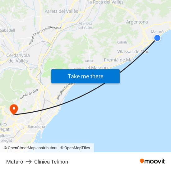 Mataró to Clínica Teknon map
