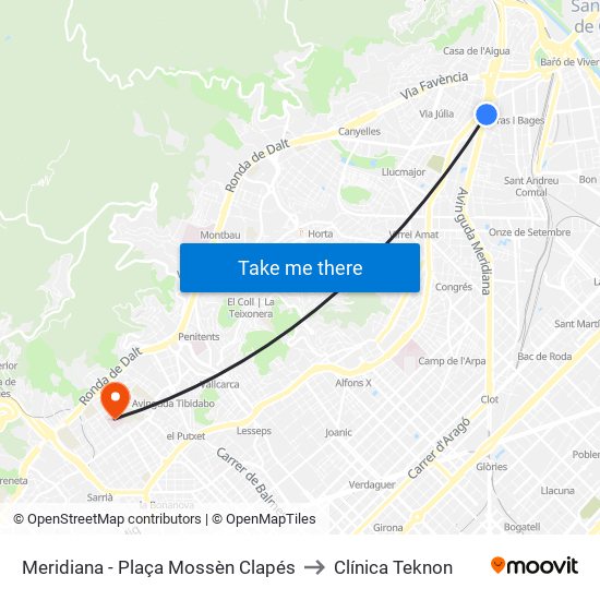 Meridiana - Plaça Mossèn Clapés to Clínica Teknon map