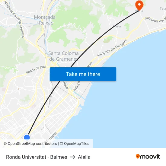 Ronda Universitat - Balmes to Alella map