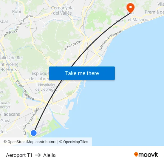 Aeroport T1 to Alella map